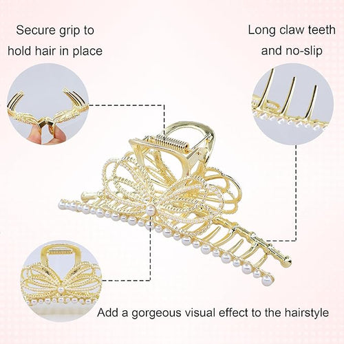 4Pcs Large Metal Hair Claw Clips with Rhinestones & Pearls, Non-Slip Waves-butterflies-leaves-bowknot Hair Clips for Thin and Thick Hair, Gold Sparkly Strong Hold Hair Claws for Women