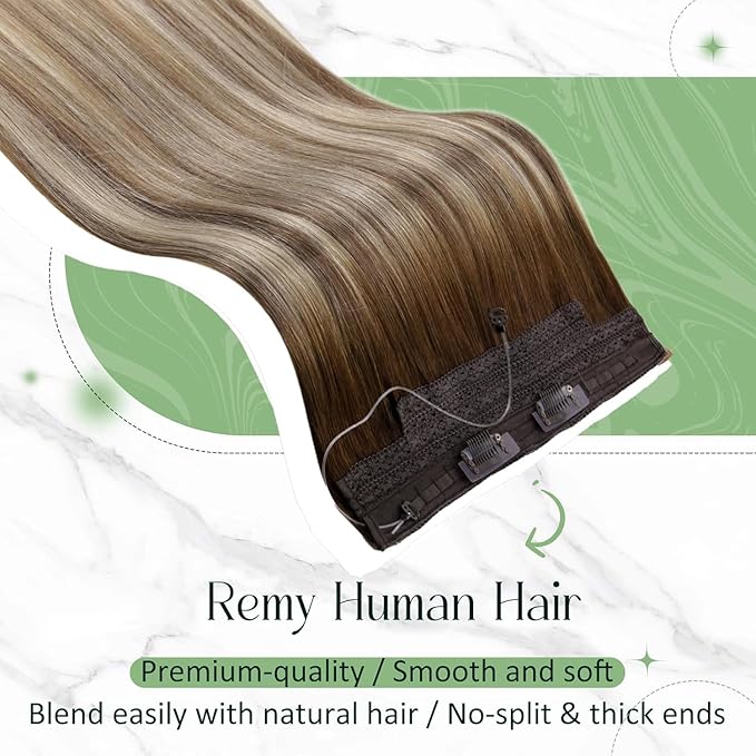 RUNATURE Wire Hair Extensions Real Human Hair 18 Inch, 80g One Piece, Invisible Wire Hair Extensions Brown Balayage, Long Hair Extension for Women, Add Hair Thickness #3/8/22 Brown Ombre Blonde
