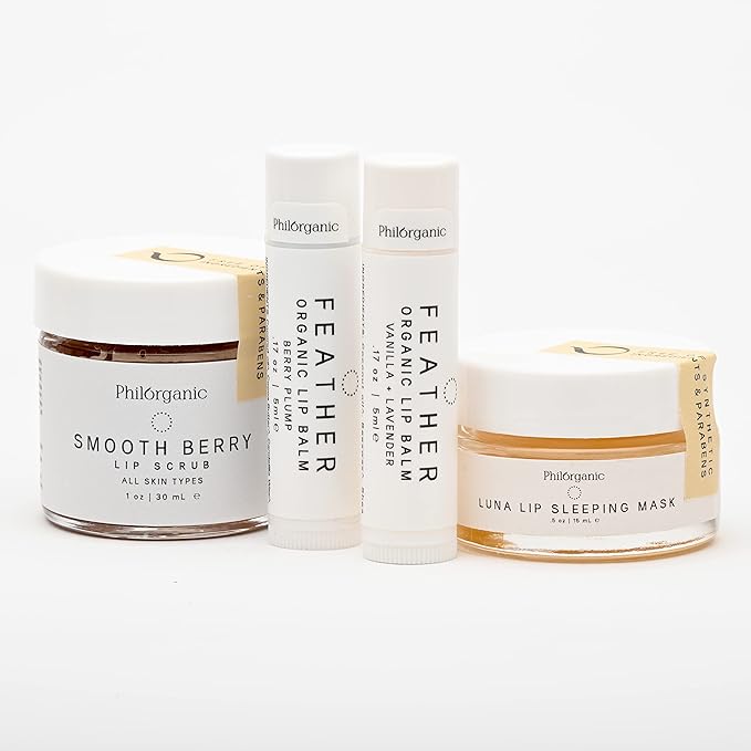 Philorganic Sustainable Lip Care Kit- 4 Pc Organic Gift Set Includes Lip Scrub, Mask, & 2 Balms - Self-Care Spa Moment or Gift - Small Batch USA Made