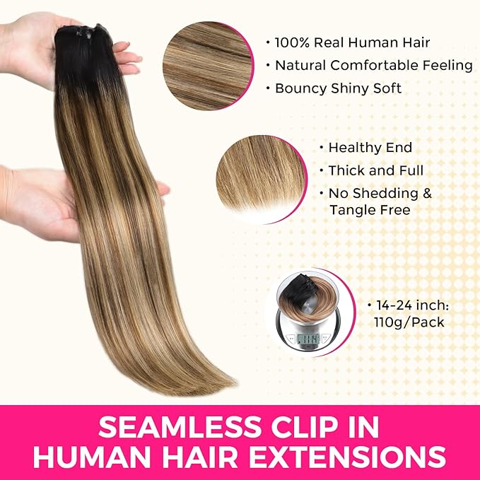 Lashey Seamless Hair Extensions Real Human Hair Clip ins 16 Inch 7pcs 110g Ombre Balayage Ash Brown to Honey Blonde with Dark Roots Hair Extensions Human Hair Straight Natural Hair for Women