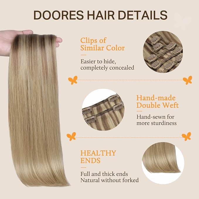 DOORES Hair Extensions Clip in Human Hair, Balayage Medium Copper to Sandy Blonde 18 Inch 120g 7pcs, Clip in Hair Extensions Remy Weft Natural Straight Weft for Women