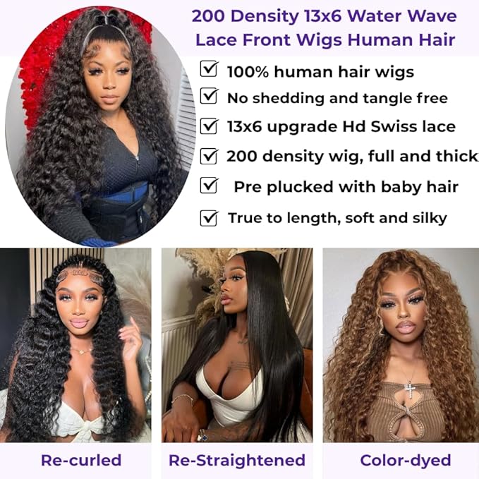 28 Inch Water Wave 13x6 HD Lace Front Wigs Human Hair Pre Plucked 200 Density Deep Part Curly Wig for Women Water Wave Frontal Wigs Human Hair