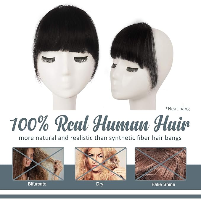 BARSDAR Real Human Hair Clip in Bangs - Natural Black Clip in Human Hair Bangs for Women - Natural Black Thick Bangs Extensions Fringe with Temples Real Hair Bangs Hairpieces