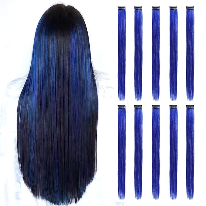 Blue Hair Extensions Clip in, 22 Inch 10 Pcs Long Straight Colored, for Kids Girls Women Highlight Party, Synthetic
