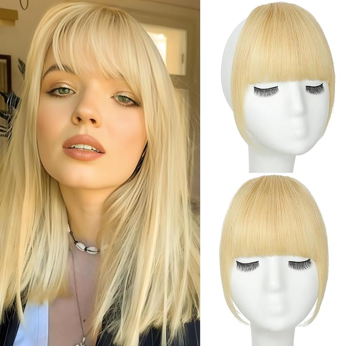 Clip in Bangs 100% Real Human Hair, French Bangs Hair Clip, Fake Bang Fringe with Temples Hairpieces for Women Daily Wear (Blonde, French Bangs)