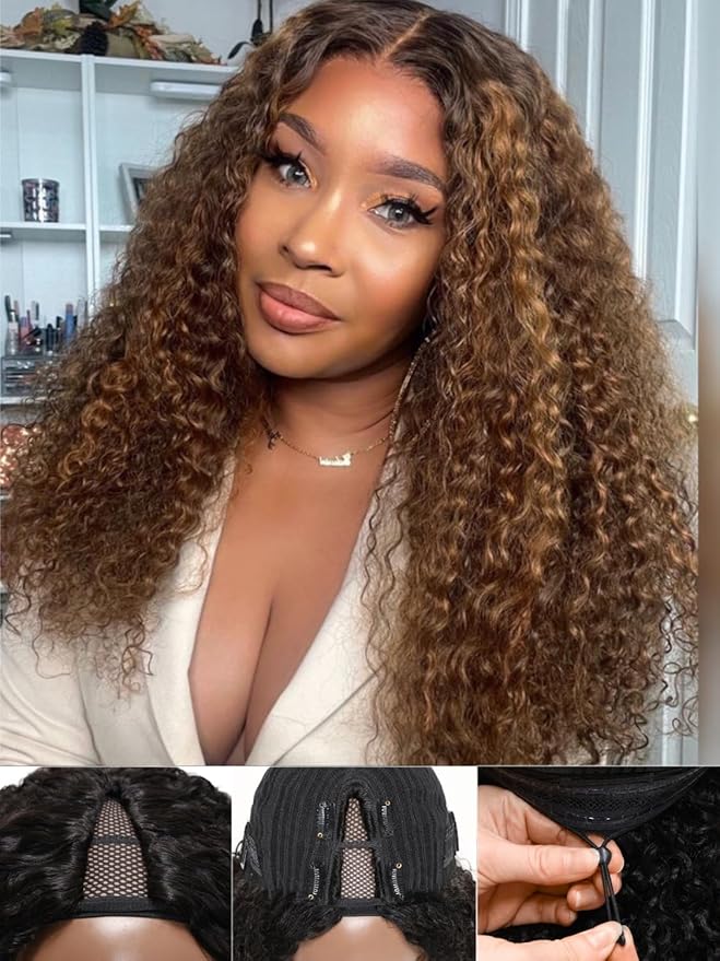 YIROO EasiContour V Part Wigs Ombre Brown Glueless Human Hair Upgrade U Part Wig with Dark Roots Highlight V Shape Clip Wigs Beginner Friendly with Drawstring Ready to Wear Chestnut Brown Color 14Inch