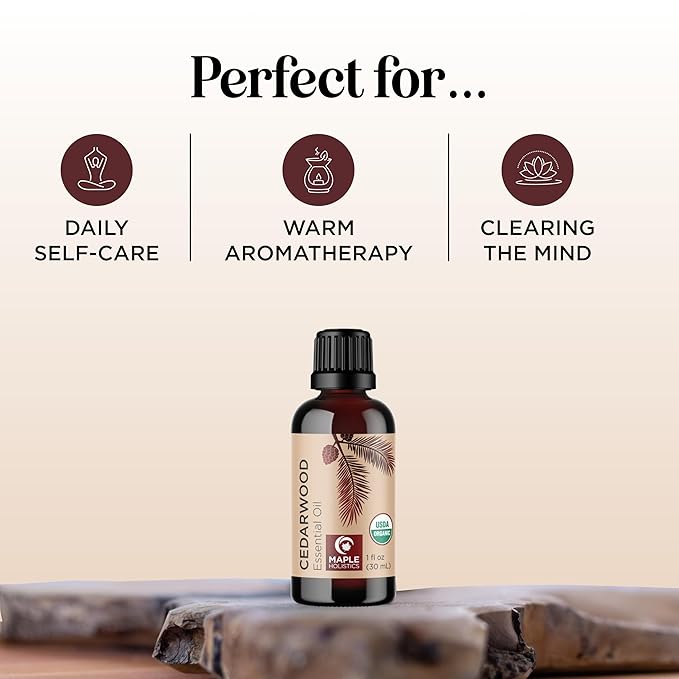 Certified Organic Cedarwood Essential Oil - 100% Pure Organic Cedarwood for Hair Skin & Nails plus Beauty DIYs - Calming Aromatherapy Essential Oil for Diffusers - USDA Non-GMO & Undiluted