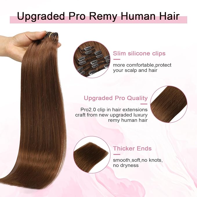 Pro2.0 Clip in Hair Extensions Real Human Hair 120g Thick 7pcs Color #33 Dark Auburn Copper Remy Real Human Hair Extensions Clip ins 14inch Seamless Double Weft for Women（#33-14inch）