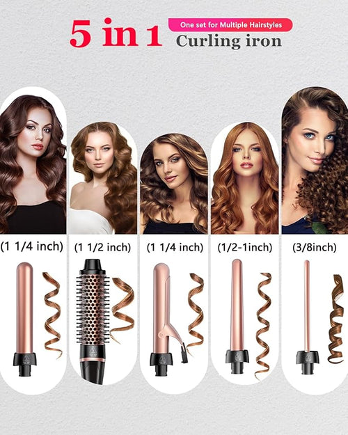 5 in 1 Curling Iron, Hair Curling Wand Set Thermal Brush 4 Interchangeable Ceramic Curling Wands (0.35"-1.25”) Fast Heat Up Dual Voltage Christmas Birthday Hair Tool Gifts for Women Travel