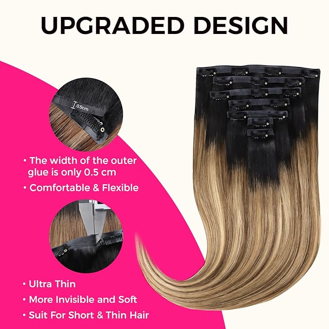 Lashey Seamless Hair Extensions Real Human Hair Clip ins 16 Inch 7pcs 110g Ombre Balayage Ash Brown to Honey Blonde with Dark Roots Hair Extensions Human Hair Straight Natural Hair for Women