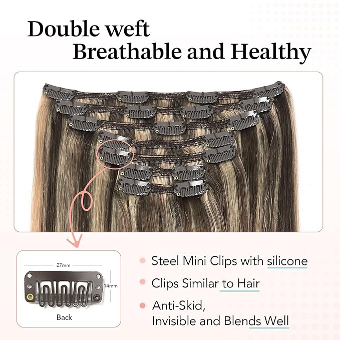 XDhair Clip in Hair Extensions Human Hair 140g 7pcs 14 Inch Chocolate Brown to Caramel Blond Clip in Real Hair Extensions #4p27/14 inch