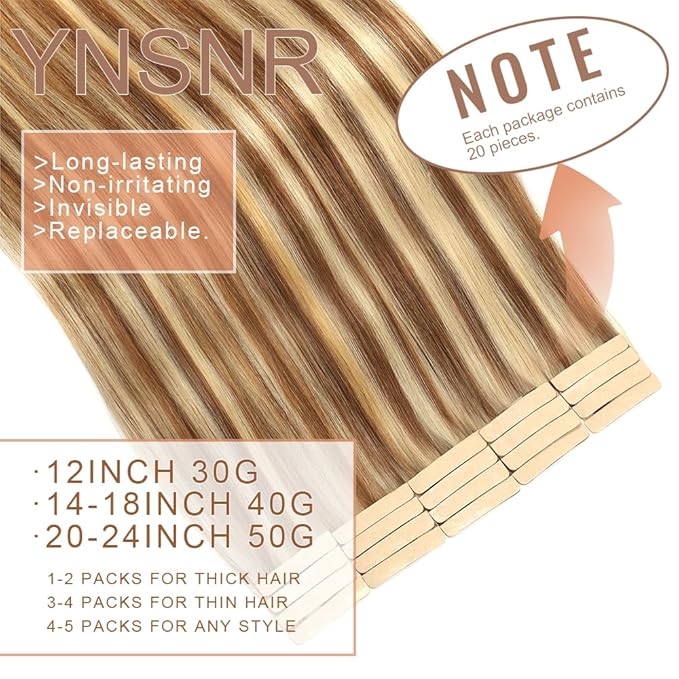 Chestnut Brown Bleach Blonde Tape in Hair Extensions Human Hair,14 Inch Human Hair Tape in Extensions 20Pcs Tape Ins Human Hair Extensions for Women Seamless Tape in Hair Extensions Real Human Hair