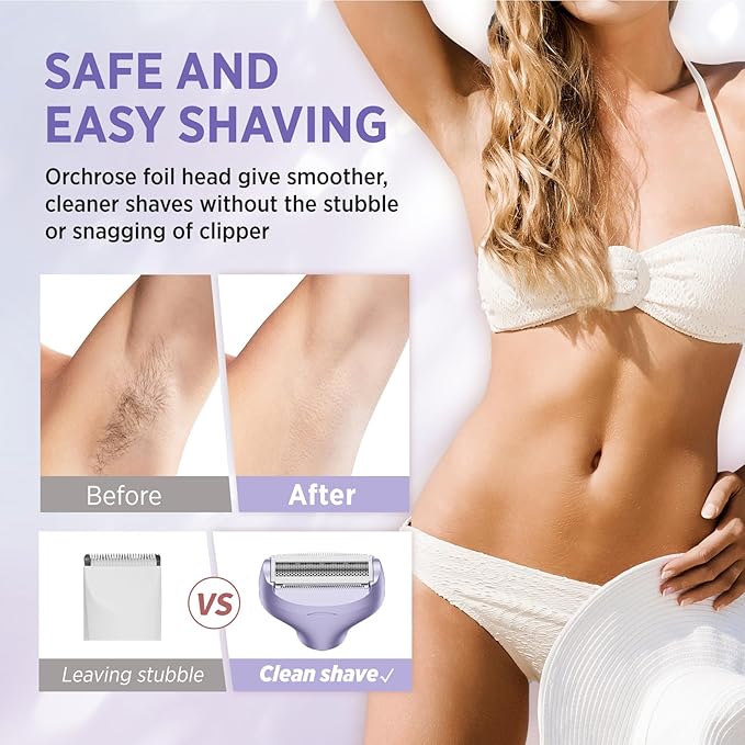 Electric Razor for Women Body: Rechargeable Painless Electric Shaver for Bikini Face Body Legs Underarms - 3-in-1 Blade and Rotary Shaving Head (Purple)