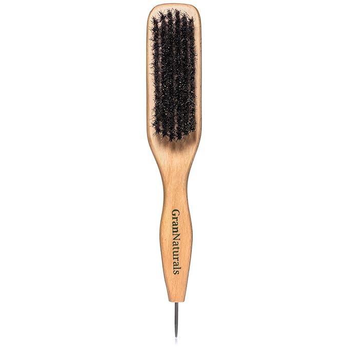 GranNaturals Smoothing & Styling Middle Part Boar Bristle Slick Back Hair Brush w/Narrow Metal Rat Tail End for Sectioning and Parting Sleek Ponytail Bun - Teasing, Backcombing, Edge Control