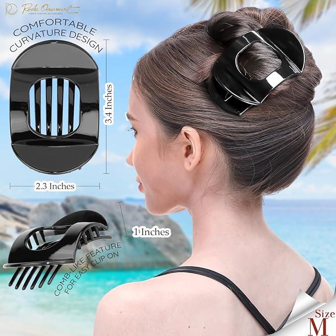 RC ROCHE 6 Pcs Flat Claw Hair Clips for Women Thick Hair French Round Duckbill Square Secure Strong Hold Grip Clamps Barrettes Curved No Slip No Crease Plastic Styling Cute, Medium Black