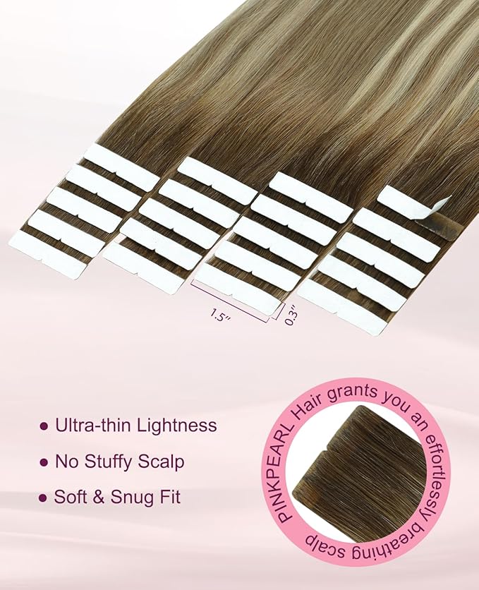 Pinkpearl Invisible Tape in Hair Extensions Human Hair, 20pcs 16inch 45g #3/8/22 Balayage Walnut Brown to Ash Brown and Golden Blonde Injection Tape in Extensions Real Remy Human Hair Injected