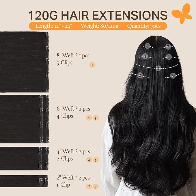 DOORES Clip in Remy Hair Extensions, 24 Inch 120g 7pcs Natural Black, Human Hair Extensions Straight Thick Weft for Women