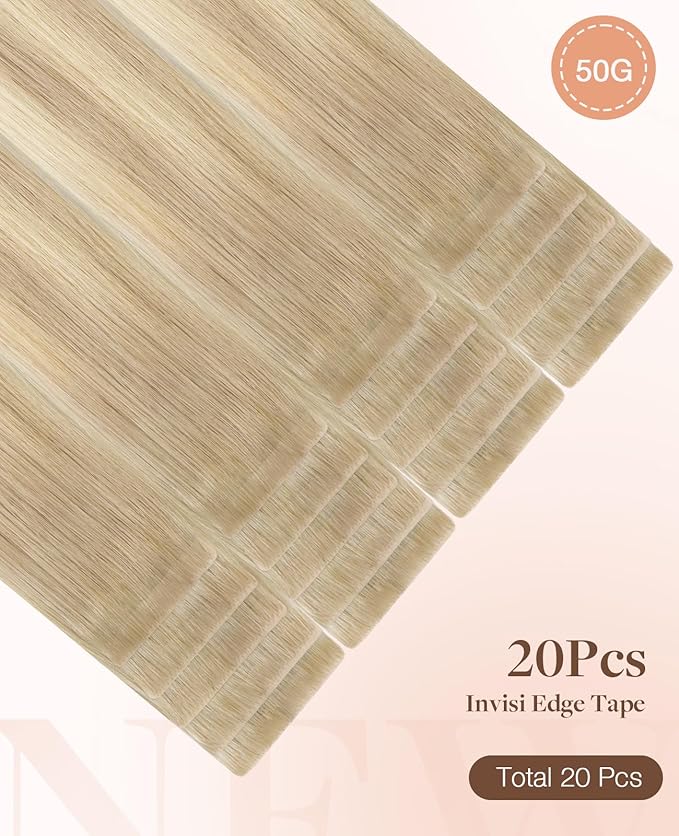GOO GOO Invisi Edge Tape in Hair Extensions Human Hair, 18ET90A Natural Blonde Balayage 20pcs 10inch 30g, Virgin Remy Hair, Seamless Injected Tape, Natural Look
