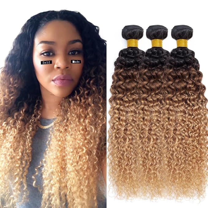 4/27 Bundles Human Hair Ombre Brown Kinky Curly Bundle Niegmeag Unprocessed Brazilian Virgin Remy Hair Extensions 26 28 30 Inch Double Weft 2 Tone Brown and Honey Blonde Bundles