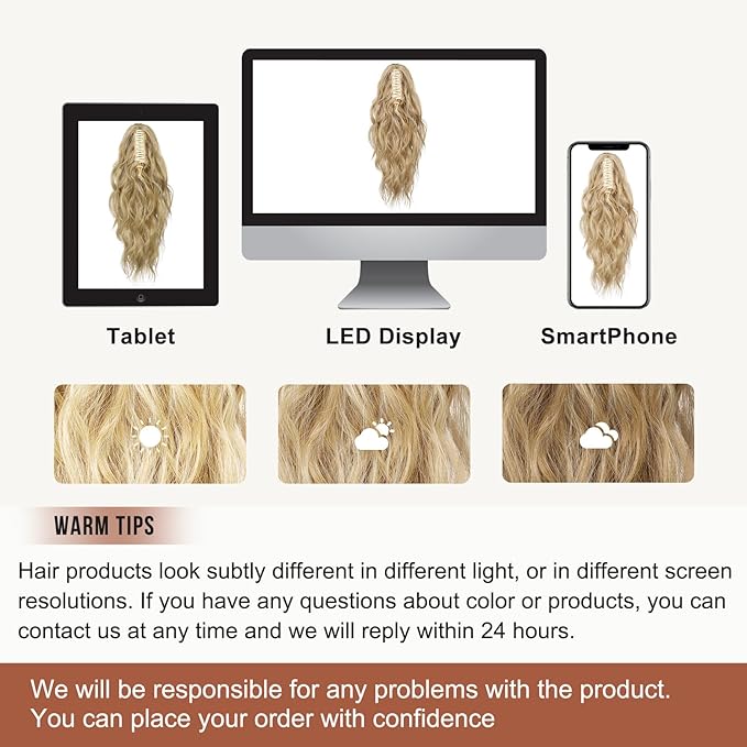 Flufymooz Ponytail Extension, 18Inch Claw Clip Ponytail Extension, Wavy Curly Claw Clip in Ponytail Hair Extensions, Natural Fake Ponytail Synthetic Hairpiece for Women (Golden Blonde with Highlight)