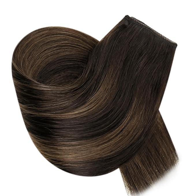 RUNATURE Wire Human Hair Extensions Balayage, Invisible Hair Extensions with Fish Line, Double Weft One Piece Clip in Real Hair, Full Ends Natural Hair, Easy to Apply, 16 Inch 80g #2/2/6