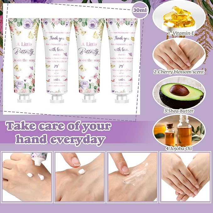 50 Sets 200 Pcs Baby Shower Hand Lotion and Lip Balm Gift Theme Baby Shower Party Favors Travel Size Hand Lotion and Lip Balm Bulk with Organza Bags Tags(Butterfly)