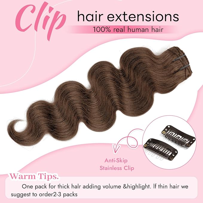 Clip in Hair Extensions Real Human Hair Body Wave 4 Chocolate Brown Clip in 100% Brazilian Remy Human Hair Extensions 8pcs Per Set with 18 Clips Double Weft 22 Inch 110g/3.6oz