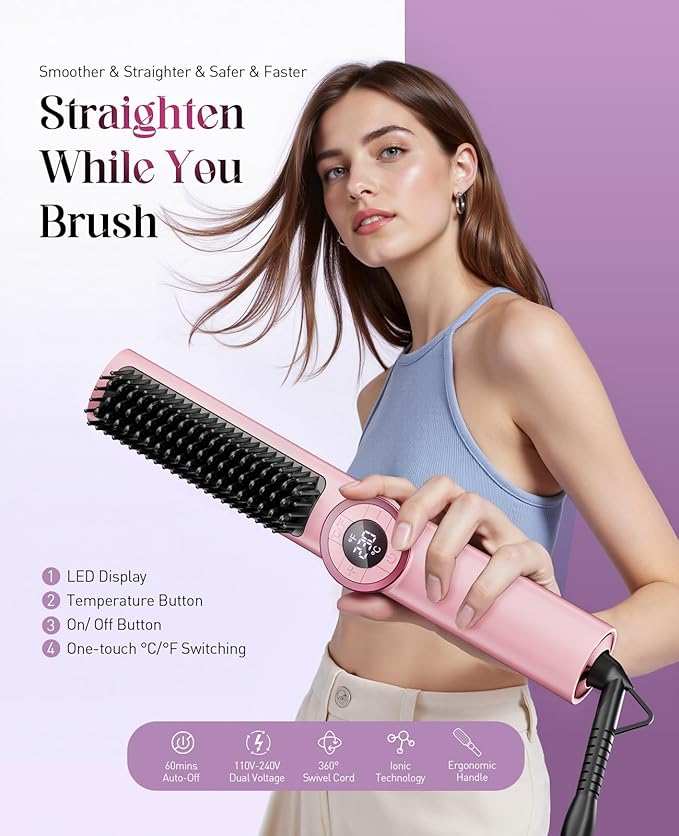 Hair Straightener Brush for Women: Negative Ionic 3-in-1 Curling & Straightening Brush, Ceramic Hot Comb with 15 Temps for Hair Styling, Pink