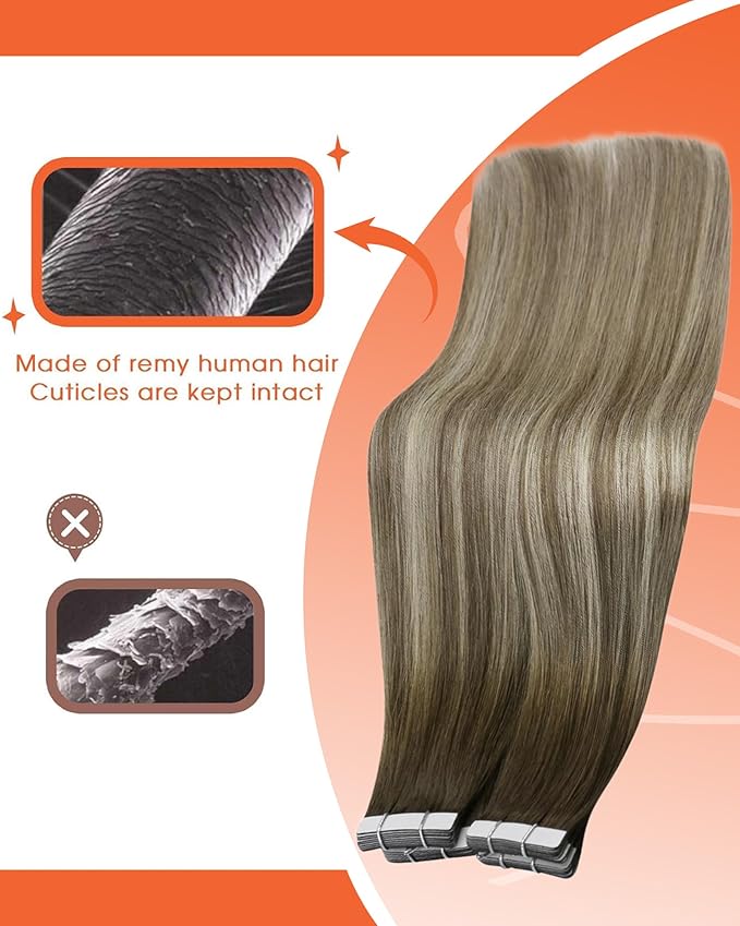 Sunny Hair Tape in Hair Extensions Real Human Hair Invisible Remy Hair Extensions Tape ins for Women Cool Brown Ombre Light Brown Balayage Medium Blonde 20 inch 25G