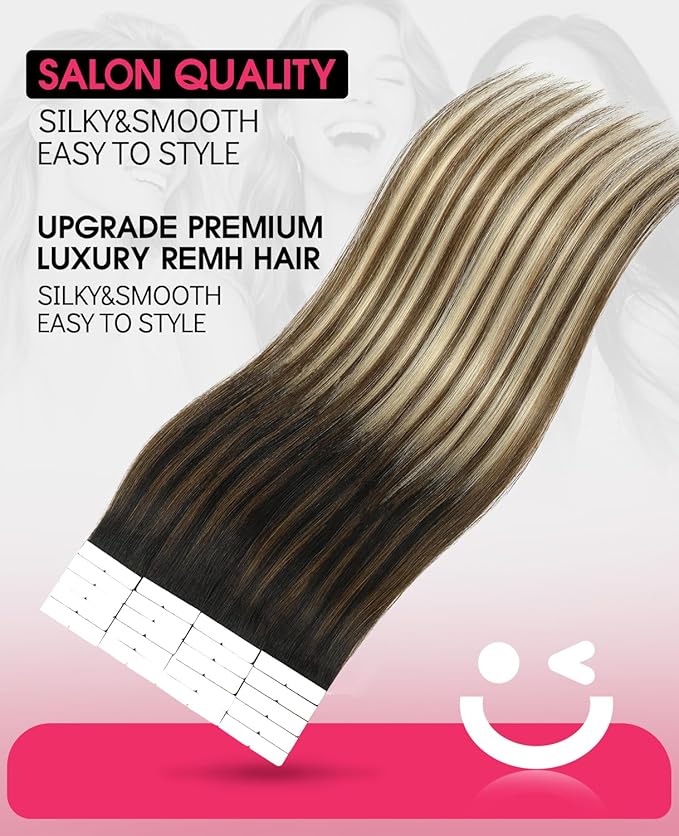 Youngsmile Invisi Edge Tape in Hair Extensions Human Hair #1B/4/27 Natural Black to Chocolate Brown and Caramel Blonde 20pcs 35g 16 Inch Injection Tape in Hair Extensions Human Hair (#1B/4/27,16'')