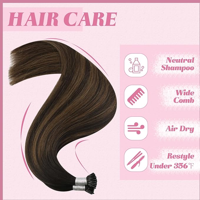 YoungSee I Tip Hair Extensions Brown 24 Inch Itip Hair Extensions Real Human Hair Dark Brown Balayage with Brown Itips Hair Extension Human Hair Ombre I-Tip Extension Long Hair 50g 50s