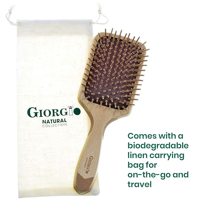 Giorgio Eco Friendly Wooden Bristle Hairbrush - Large Detangling Brush and Hair Growth Brush for Thick or Long Hair - Paddle Hair Brush Made with Anti Static Beechwood, Silicone Massage Cushion
