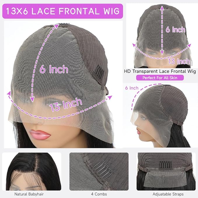 32 Inch 13x6 Lace Front Wigs Human Hair Full Real Virgin Hair Can Last 6-9 Months Life Straight Human Hair Wig 200% Density Soft Silky Smooth HD Lace Frontal Wigs Tangle-Free Natural Black