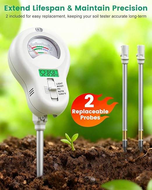 6-in-1 Soil Tester with 3 Probes - Soil Moisture, pH, Fertility, Temperature, Light & Air Humidity Meter, Soil Test Kit for Garden, Lawn, Indoor and Outdoor Plants