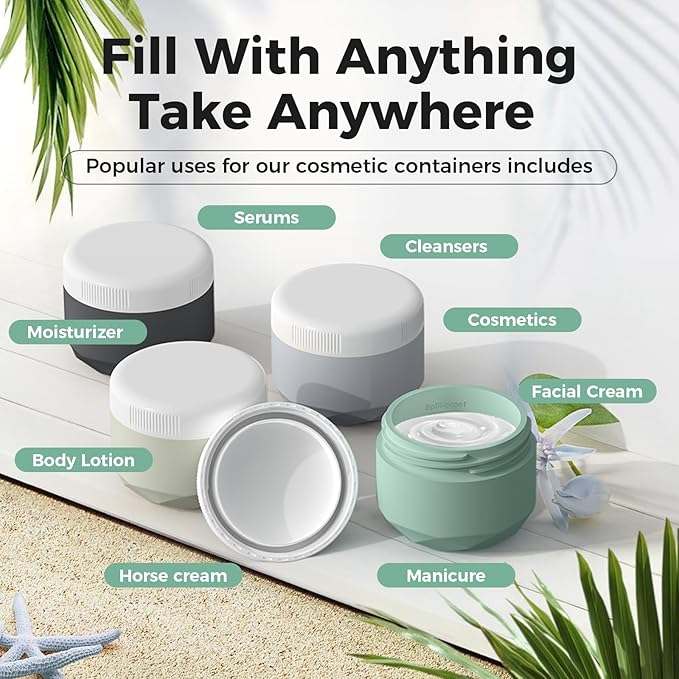 Travel Containers for Toiletries, 4-Pack TSA Approved Silicone Jars (1oz) - BPA Free Leakproof Cosmetic Containers for Creams, Lotion, Skincare & Makeup with Bonus Waterproof Bag-Mix Grey