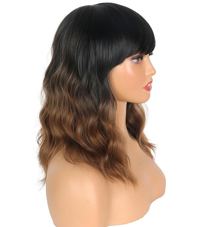 Short Wavy Wig with Bangs for Women Shoulder Length Brown Synthetic Wigs Natural Wavy Black To Brown Wigs Heat Resistant for Daily Party Use