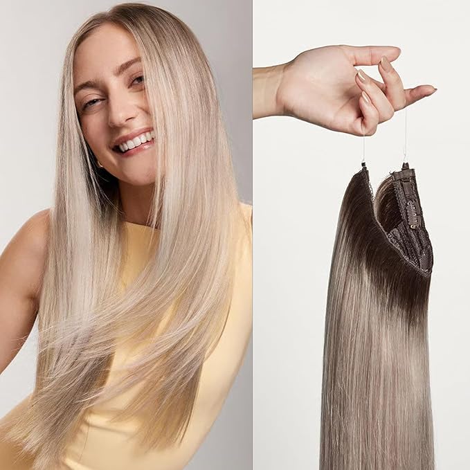 Luxy 100% Remy Human Hair – Halo Clip-In Hair Extensions –Natural Looking Volume & Length - One-Piece - Easy 5-Min Application 150 grams 12" Dimensional Rooted Ash Blonde
