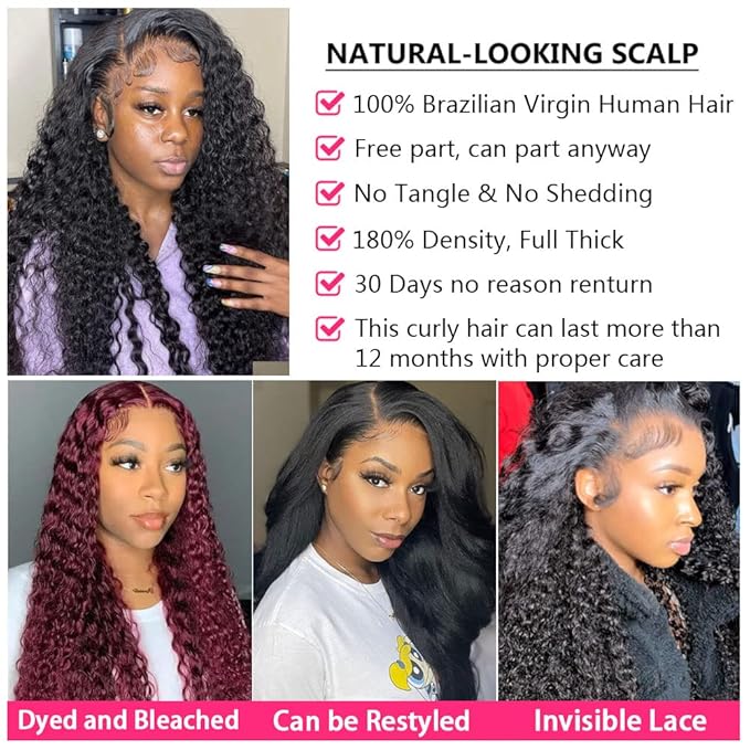 bangjazz Deep Wave Lace Front Wigs Human Hair 180% Density Curly Lace Front Wig Human Hair Wet and Wavy Wig 13x4 HD Lace Frontal Wigs 16 Inch Glueless Curly Wigs for Women Pre Plucked