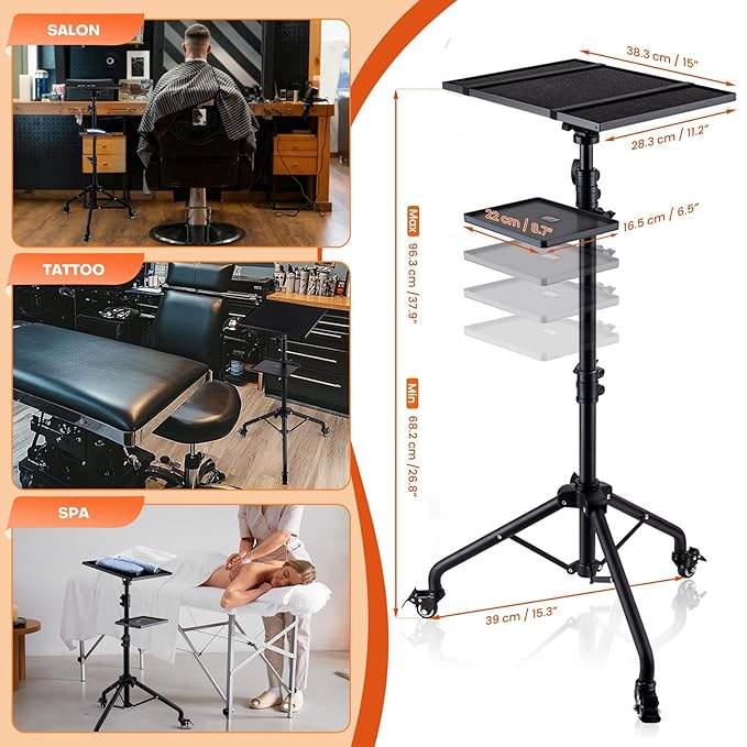 Noverlife Salon Tray Cart on Wheels with Storage Platform, Tattoo Rolling Tray Height Adjustable Salon Service Cart, Iron SPA Rolling Trays Portable Tattoo Table Stand for Dental