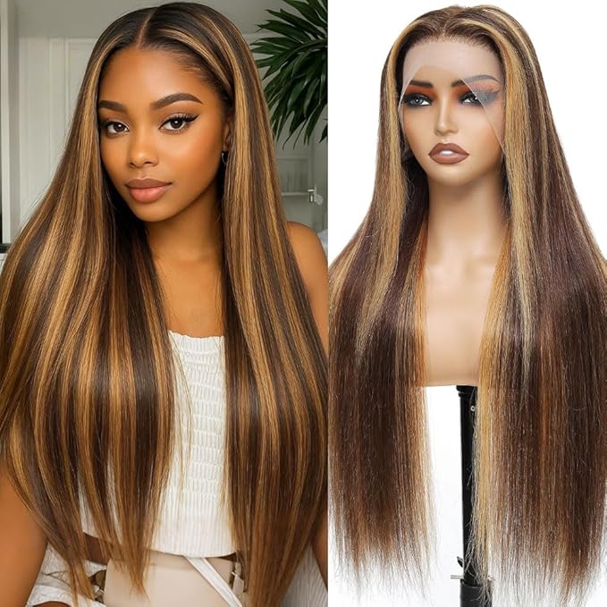 4/27 Ombre Lace Front Wig 200 Density Real Virgin Hair 30 Inch Highlight Straight Wigs Human Hair Pre Plucked Honey Blonde Wig Human Hair 13x6 HD Lace Frontal Wig
