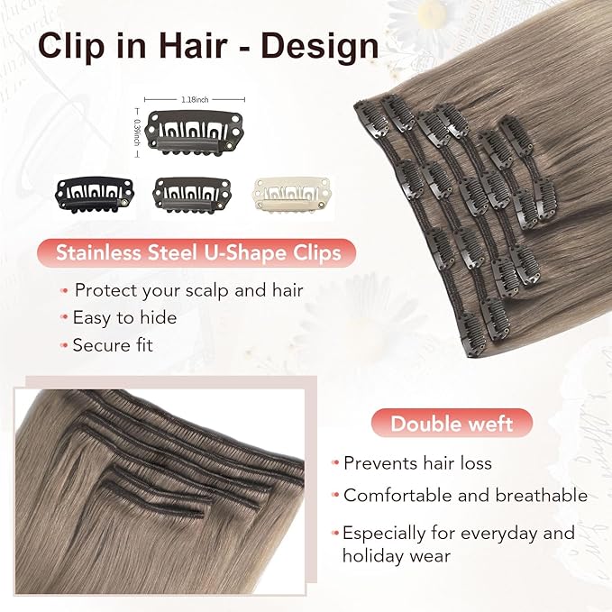 XDhair Clip in Hair Extensions Human Hair 100g 16 Inch Balayage Ash Brown to Platinum Blonde Clip in Hair Extensions 6pcs Straight Real Hair (16, #8T60)