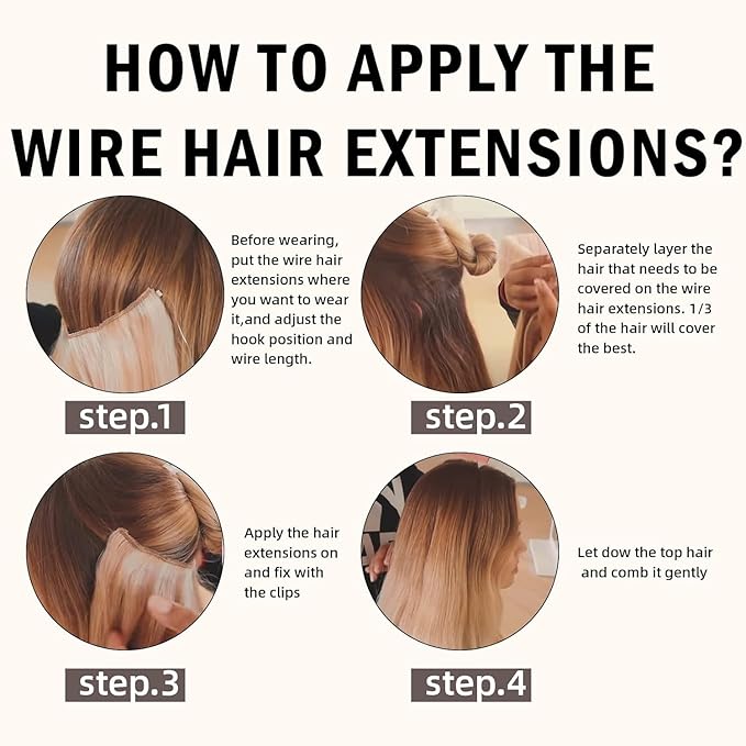 RUNATURE Wire Hair Extensions Real Human Hair, Invisible Fish Line Hair Extensions, Platinum Blonde Natural Hair with Transparent Wire, Easy to Apply 14 Inch 70g #60