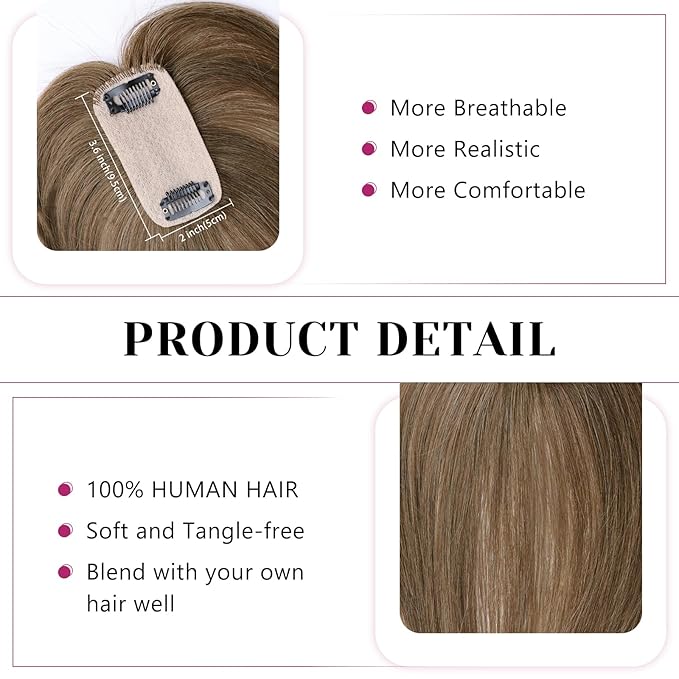 VERNA Hair Toppers for Women Real Human Hair 360°3D Cover Bangs Hair Clip,100% Real Human Hair Light Brown Clip in Bangs,Hair pieces for Daily Wear(5.5 * 9)