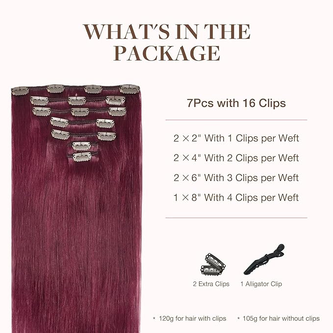 GOO GOO Clip in Hair Extensions Real Human Hair, Remy Human Hair Extensions Clip ins for Women, Natural Human Hair, 14inch 120g 7Pcs, 530 Burgundy