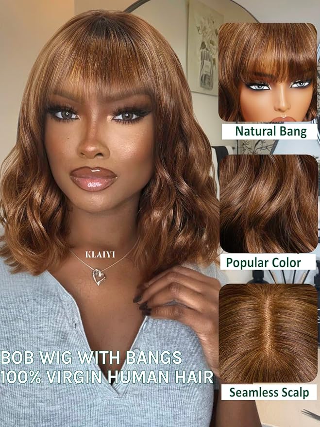 KLAIYI Brown Bob Wig Human Hair with Bangs Loose Body Wave Glueless 4x2 HD Transparent Lace Closure Chestnut Chocolate Brown with Highlight Blonde Ready to Wear and Go Beginner Wigs Pre Plucked 14Inch