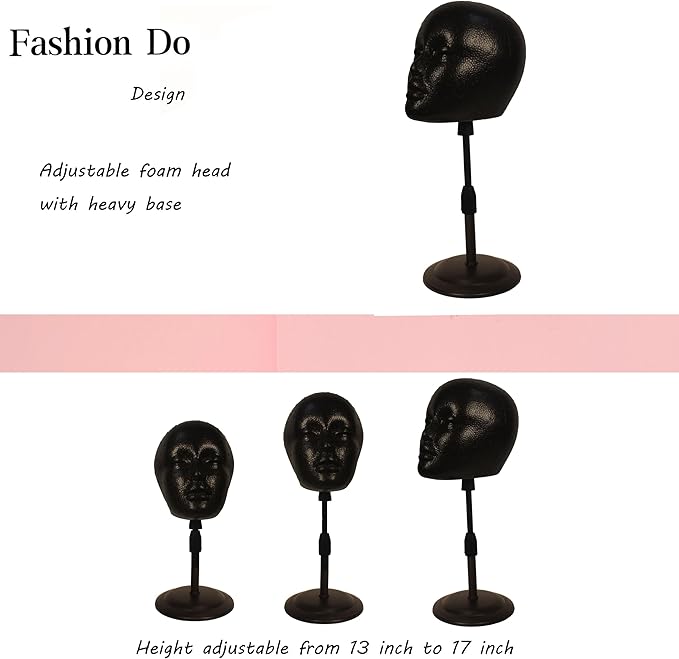 2 PACKS Adjustable wig or hat black styrofoam mannequin head holder stand (13”to 17”) (Black head 01)