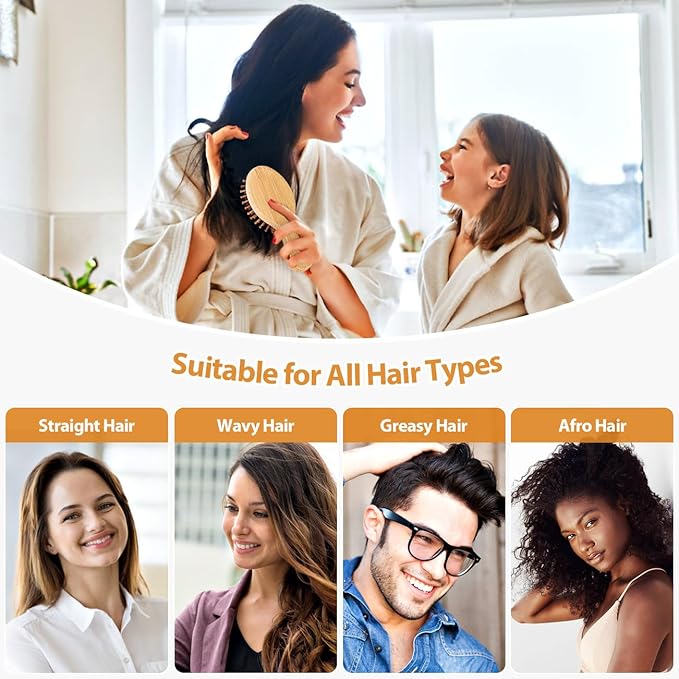 Pack of 2 Hair Brush with Natural Boar Bristles, Massages Scalp Anti-Static Hair Detangle for All Types, Lightweight(MINI)