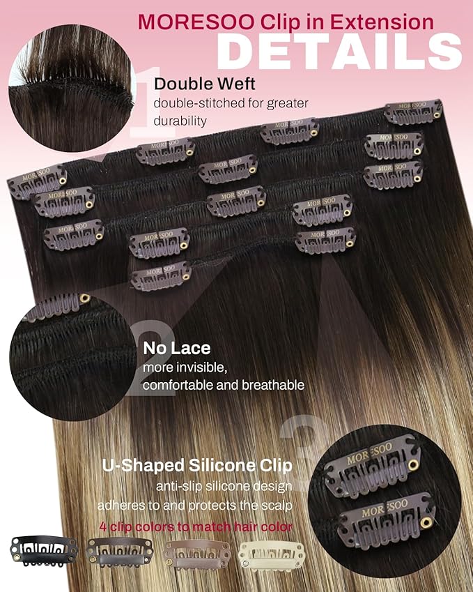 Moresoo Clip in Hair Extensions Ombre Human Hair Clip in Extensions Real Human Hair Dark Brown to Medium Brown with Bleach Blonde Balayage Short Remy Hair Extensions Double Weft 80g 5pcs 10in