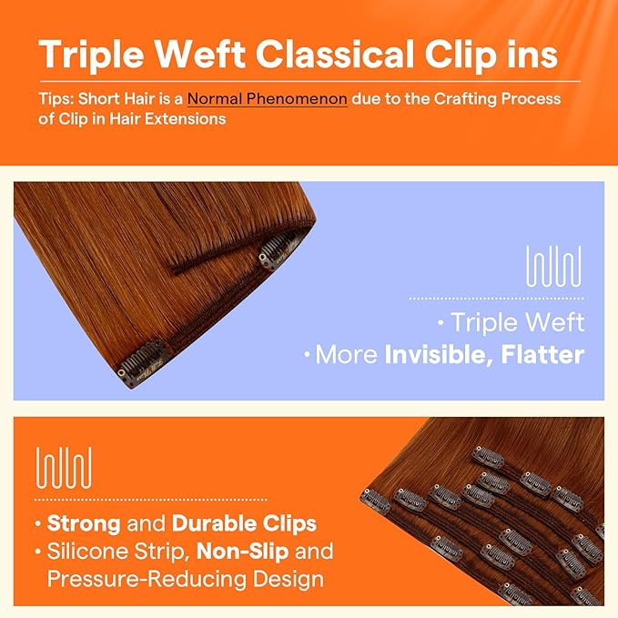 Full Shine Copper Human Hair Clip in Extensions 18 Inch Copper Orange Hair Extensions Clip ins Invisible Remy Hair Extensions Straight for Raving 7 Pcs 120 G