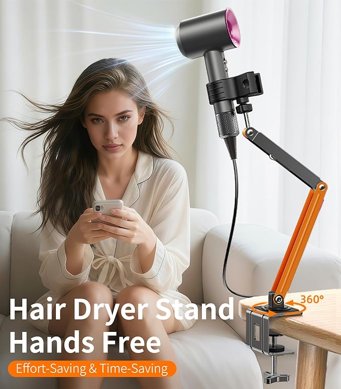 Desktop Hair Dryer Stand with Free Phone/Tablet Clip, Hair Dryer Stand Hands Free,Metal Material. Adjustable Hair Dryer Hanger for Vanity, Countertop, Bedside,Practical Gift for Elderly